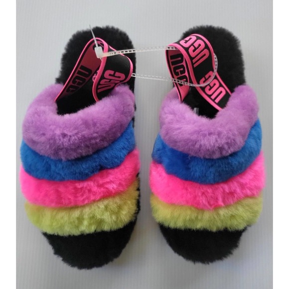 UGG Fluff Yeah Classic Slides Black Taffy Pink Neon Women's Size 7 - Picture 3 of 8